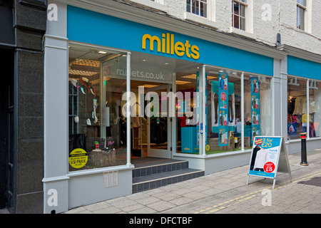 Millets outdoor clothing & and camping equipment store shop exterior shopfront window York North Yorkshire England UK United Kingdom Great Britain Stock Photo