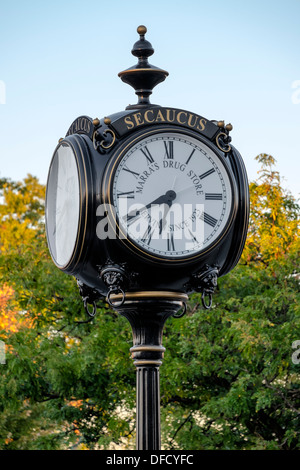 Secaucus old fashioned replica town clock with the Marras Drugs Store on one of the four clock faces. Stock Photo