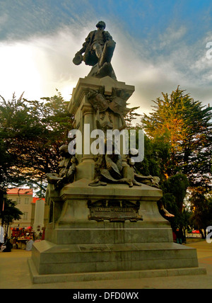 Statue to the Portuguese explorer Ferdinand Magellan, in the main square of Punta Arenas, Chile. Stock Photo