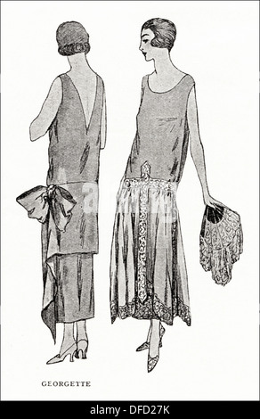 Flapper fashion of the 1920s. Gowns of white satin by designer Georgette. Original vintage illustration from a women's fashion magazine circa 1924 Stock Photo