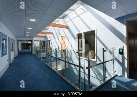 Unoccupied school corridor with rooflights and light wells Stock Photo