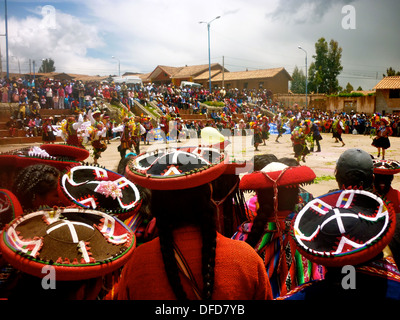 Traditional dancing in the main square of Chinchero, Cusco, Peru Stock Photo