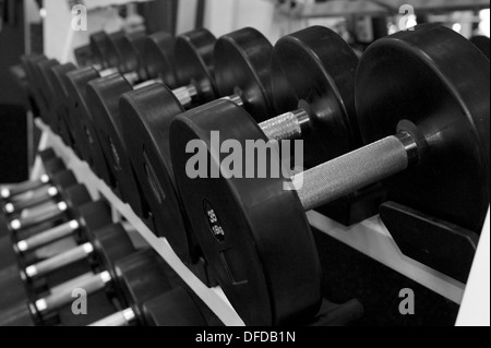 Image of a full weight rack for hand dumbbells at a commercial gym Stock Photo