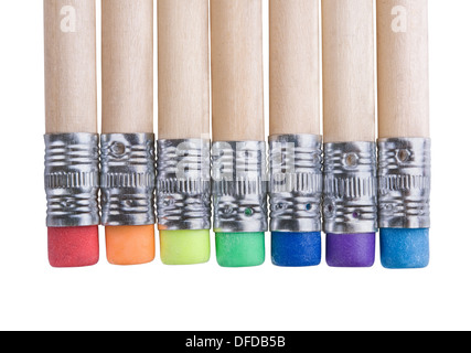Several pencils with erasers different colors isolated on white background Stock Photo