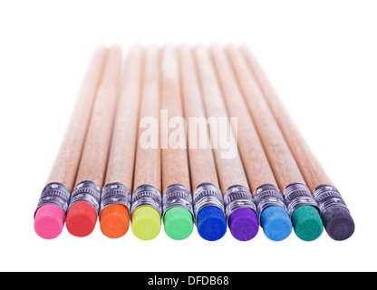 Several pencils with erasers different colours isolated on white background.Shallow DOF Stock Photo