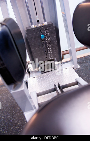 Black and white image of the weight or resistance selector on professional exercise equipment at a commercial gym Stock Photo
