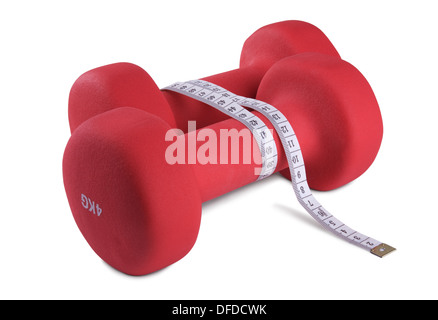 Two red plastic coated dumbbells isolated on white background Stock Photo