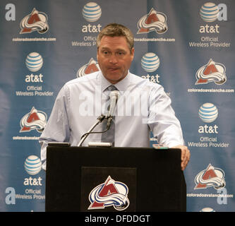 Denver, Colorado, USA. 2nd Oct, 2013. Colorado Avalanche Head Coach PATRICK  ROY address the Media after