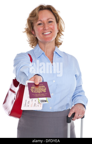 A businesswoman handing over her passport and flight tickets, isolated against a white background.