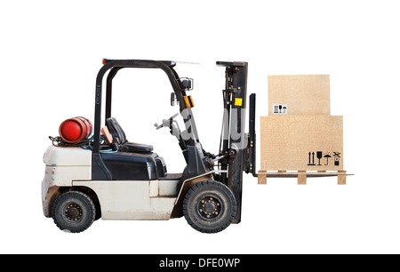 Standard small gas engine truck lift with cardboard cargo boxes isolated on white Stock Photo