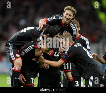 Leverkusen, Germany, 1st October, 2014. UEFA Champions League 2014/2015  Group stage Group C matchday 2, Bayer 04 Leverkusen (red) - Benfica  Lissabon (black) --- Heung-Min Son (Leverkusen) and Stefan Kie§ling  (Kiessling) (Leverkusen)