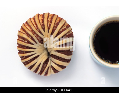 Appetizing taro bread and cup of coffee isolated on a white background Stock Photo