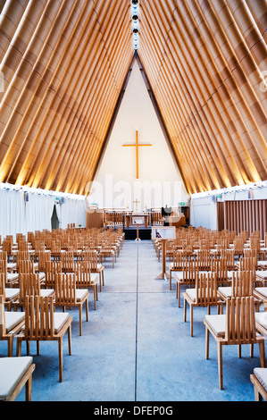 The interior of the new transitional cardboard cathedral, designed by Shigeru Ban, in the city of Christchurch, South Island, New Zealand Stock Photo