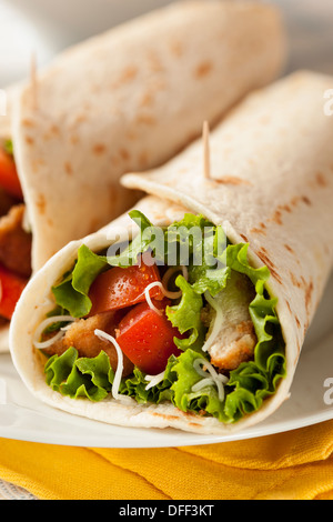 Breaded Chicken in a Tortilla Wrap with Lettuce and Tomato Stock Photo