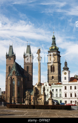 Church of the Holy Spirit, White Tower and former Town hall at Velke square, Hradec Kralove, East Bohemia, Czech Republic Stock Photo