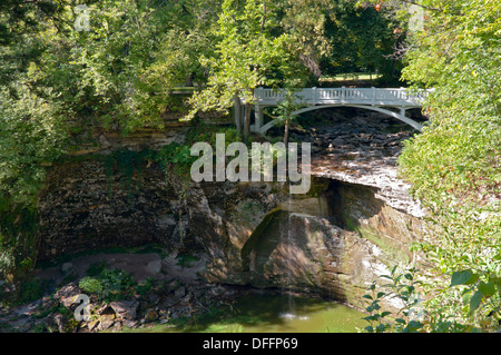 Minneopa State Park forest and bridge overlooking gorge of Minneopa Creek near Mankato Minnesota Stock Photo