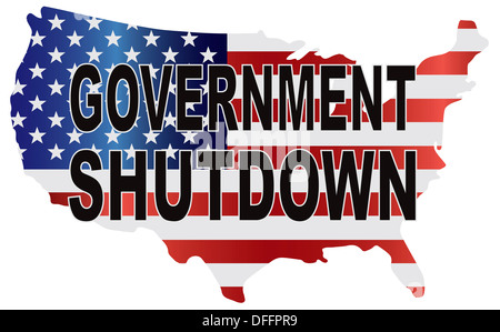 Government Shutdown Text Outline with American USA Flag in Country Map Silhouette Illustration Stock Photo