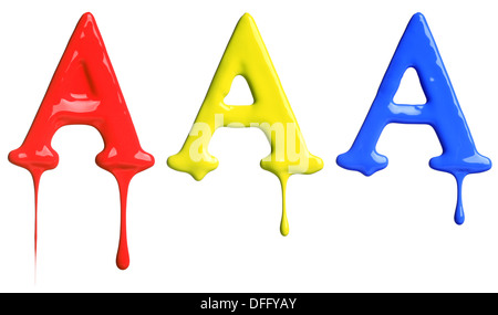 Paint dripping alphabet with 3 different variations in red, yellow, and blue Stock Photo