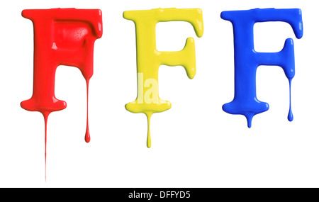 Paint dripping alphabet with 3 different variations in red, yellow, and blue Stock Photo