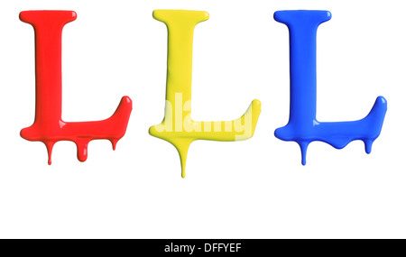 Paint dripping alphabet with 3 different variations in red, yellow, and blue Stock Photo