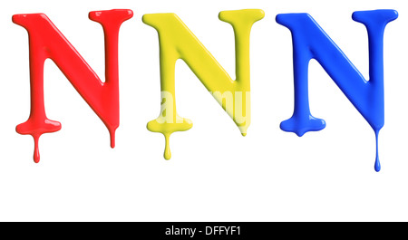 Paint dripping alphabet with 3 different variations in red, yellow, and blue Stock Photo