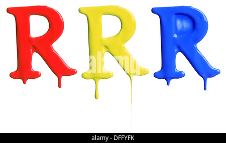 Paint dripping alphabet with 3 different variations in red, yellow, and blue Stock Photo