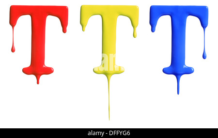 Paint dripping alphabet with 3 different variations in red, yellow, and blue Stock Photo