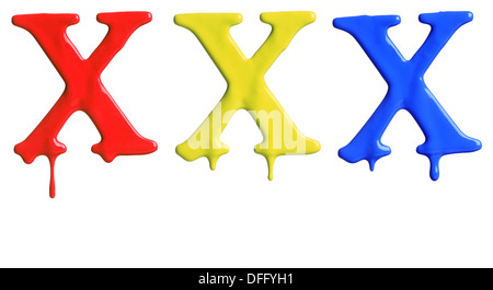 Paint dripping alphabet with 3 different variations in red, yellow, and blue Stock Photo