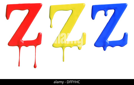 Paint dripping alphabet with 3 different variations in red, yellow, and blue Stock Photo