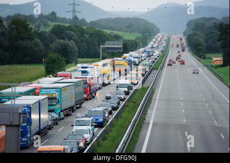 Traffic jam after a massive traffic accident on the A8 motorway where a truck crushed a car, leaving two dead Stock Photo