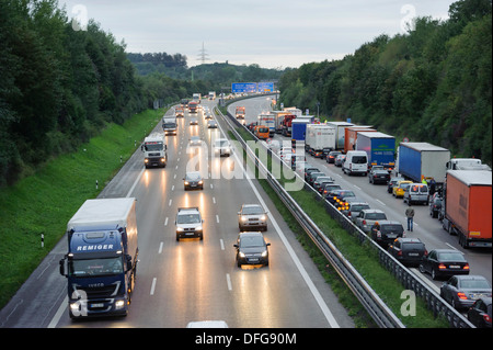 Traffic jam after a massive traffic accident on the A8 motorway where a truck crushed a car, leaving two dead Stock Photo