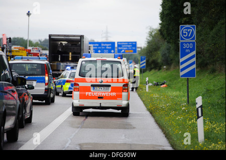 Accident scene, massive traffic accident on the A8 motorway where a truck crushed a car, leaving two dead, near Kirchheim Teck Stock Photo