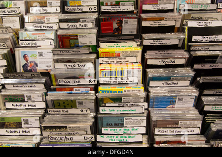 CDs and CD Albums in racks at a record shop interior, Amsterdam
