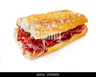 Typical spanish serrano ham sandwich isolated in with Stock Photo