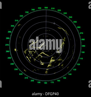 Green modern ship radar screen with round map on black Stock Photo