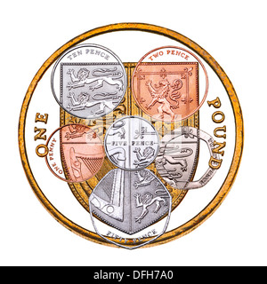 British coinage. All coins, put together to form the shield found on the revere of the pound coin. Stock Photo