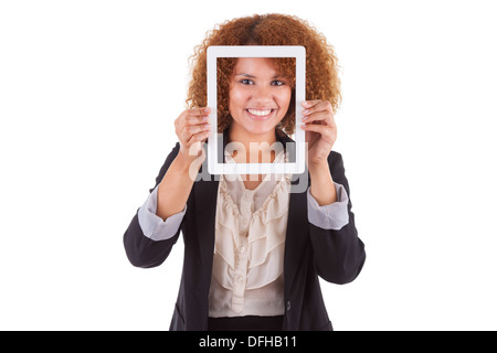 African American business woman holding a tactile tablet, isolated on white background - Black people Stock Photo