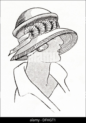 Flapper fashion of the 1920s. Mail order hat, shady mushroom design in fine tagel straw trimmed with full-pleated fans of crepe de Chine. Original vintage illustration from a women's fashion magazine circa 1924 Stock Photo
