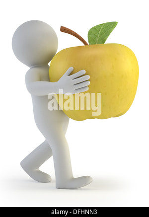 a little man holding a large ripe apple Stock Photo