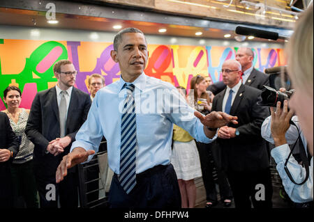 Washington DC, USA. 04th Oct, 2013. United States President Barack Obama talks to the media at Taylor Gourmet on Pennsylvania Avenue after walking from the White House for a take-out lunch. The reason he gave was they are starving and the establishment is giving a percent discount to furloughed government workers as an indication of how ordinary Americans are looking out for one another. Credit: Pete Marovich / Pool via CNP Credit:  dpa picture alliance/Alamy Live News