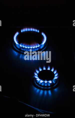 Gas hob cooker flames glowing ablaze in the dark Stock Photo