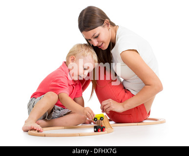 kid boy and mom play block toy Stock Photo