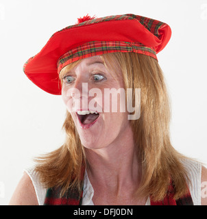 Woman wearing Tam o Shanter scottish hat happy smiling face Stock Photo