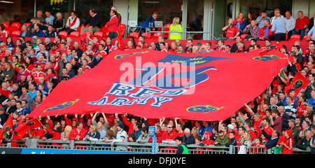 Limerick, Ireland. 05th Oct, 2013. The Munster crowd cheer on their team before the RaboDirect Pro 12 game between Munster and Leinster from Thomond Park. Credit:  Action Plus Sports/Alamy Live News Stock Photo