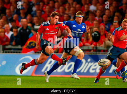 Limerick, Ireland. 05th Oct, 2013. Ian Keatley (Munster) chips ahead during the RaboDirect Pro 12 game between Munster and Leinster from Thomond Park. Credit:  Action Plus Sports/Alamy Live News Stock Photo