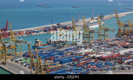 High angle view of shipping containers and harbour cranes at Port of Barcelona, Spain Stock Photo