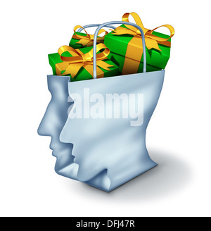 Gift ideas and buying guide consumer concept as a shopping bag in the shape of a human head with gifts inside as a symbol of smart shopper decisions for holidays birthdays and Christmas giving on a white background. Stock Photo