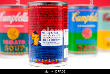 Limited edition Campbell's tomato soup cans inspired by 1960s Andy Warhol paintings, London with his quotation about fame Stock Photo