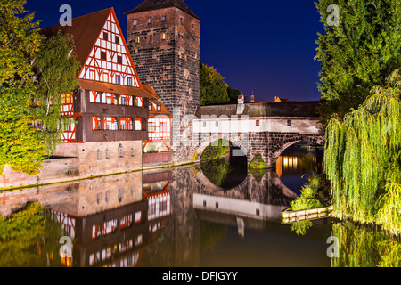 Executioner's bridge at night, Nuremberg, Germany Stock Photo