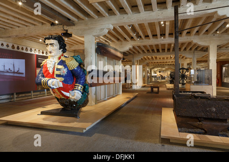 Ship's figurehead on display inside Steam Steel and Submarines exhibition hall in Historic Dockyard at Chatham Kent England UK Stock Photo